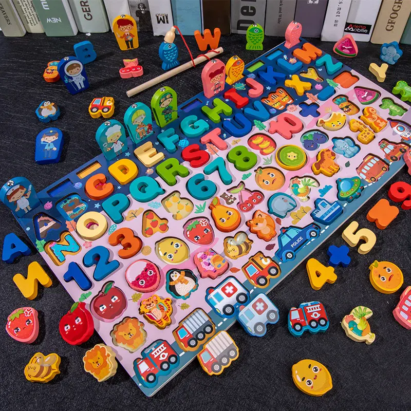 Wooden Puzzle Sorting Learning Board | Abc, Numbers, Shapes, Abacus, Fish Picking Activity And Animals | Preschool Education Montessori Toys | 6 In1 Wooden Educational Puzzle & Sorting Board Toy For Kids